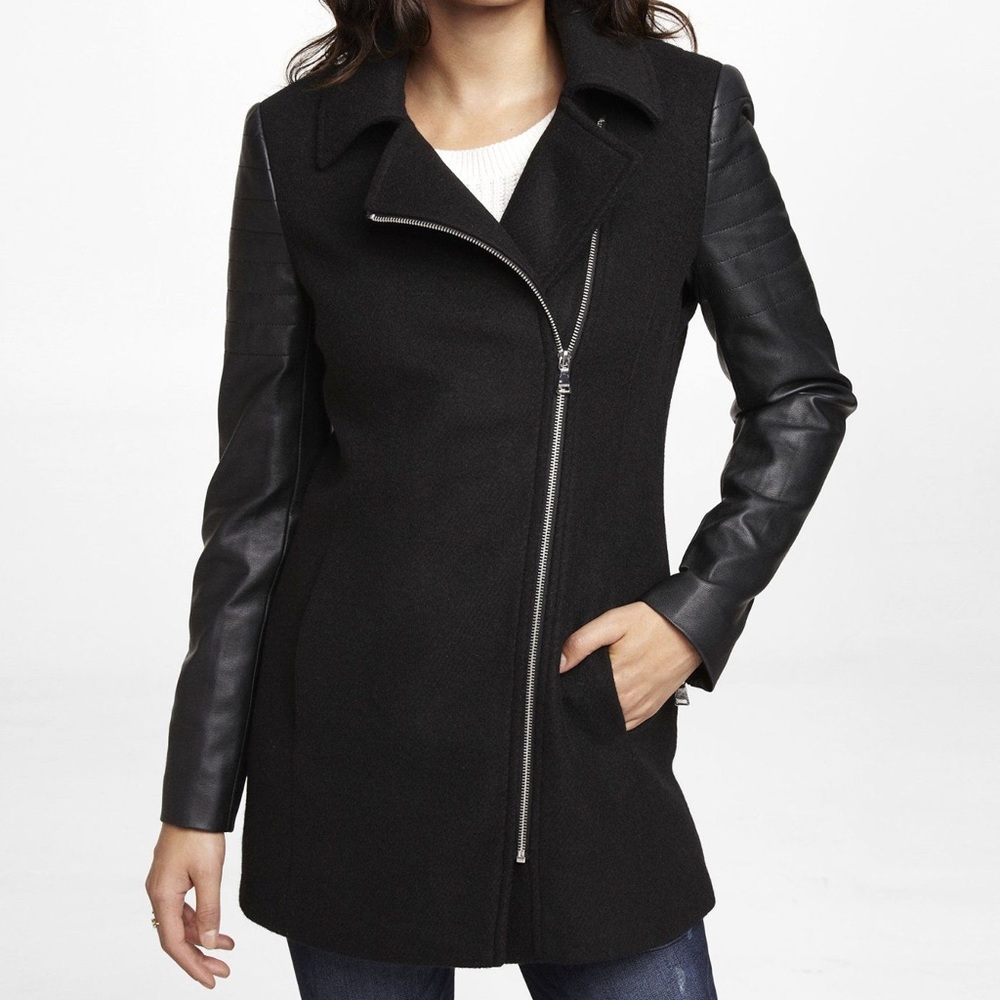 EXPRESS LEATHER SLEEVE WOOL BLEND COAT - Medium